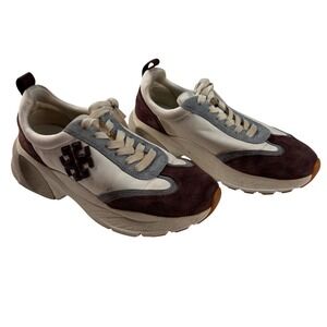 Tory Burch Good Luck Trainer Sneakers Cream Brown Suede Chunky Womens Size 7